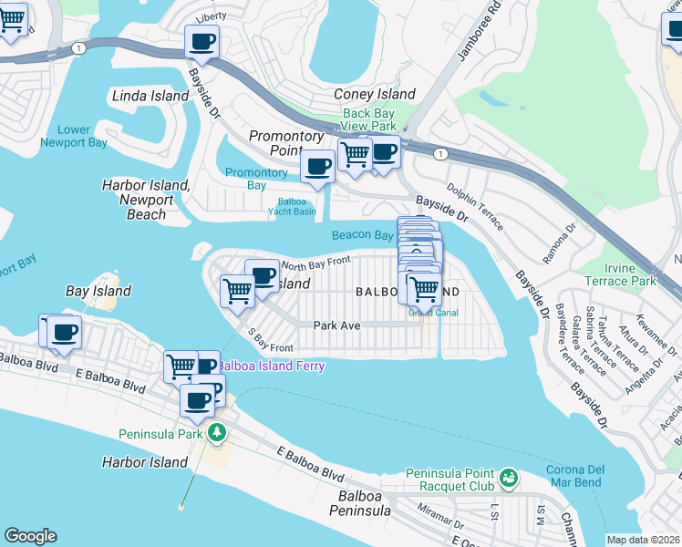 map of restaurants, bars, coffee shops, grocery stores, and more near 310 Diamond Avenue in Newport Beach