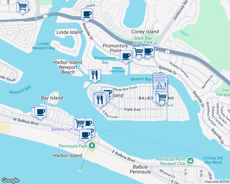 map of restaurants, bars, coffee shops, grocery stores, and more near 310 Collins Avenue in Newport Beach