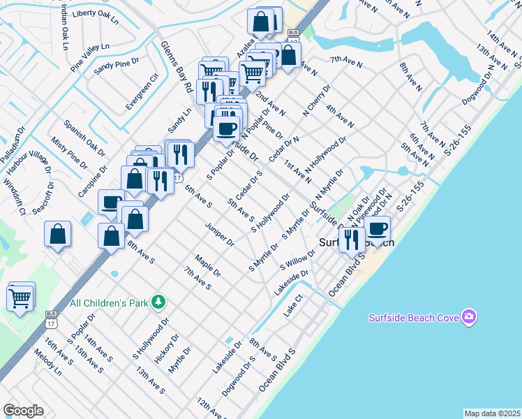 map of restaurants, bars, coffee shops, grocery stores, and more near 613 4th Avenue South in Surfside Beach