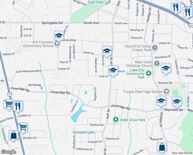 map of restaurants, bars, coffee shops, grocery stores, and more near 5405 Lee Circle in Forest Park