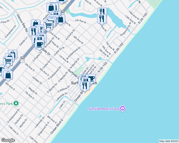 map of restaurants, bars, coffee shops, grocery stores, and more near 116 Dogwood Drive North in Surfside Beach