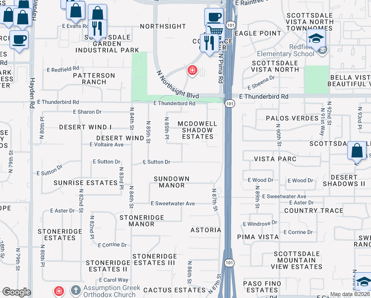 map of restaurants, bars, coffee shops, grocery stores, and more near 13440 North 86th Street in Scottsdale