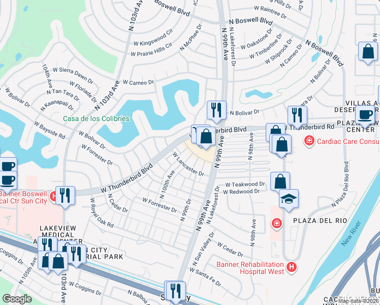 map of restaurants, bars, coffee shops, grocery stores, and more near 9922 North 99th Drive in Sun City