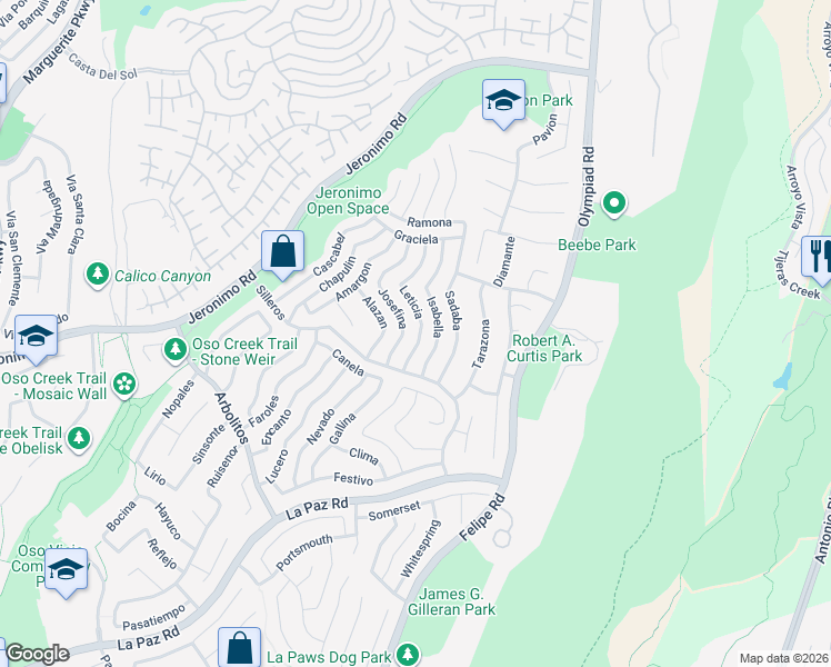 map of restaurants, bars, coffee shops, grocery stores, and more near 28215 Leticia in Mission Viejo