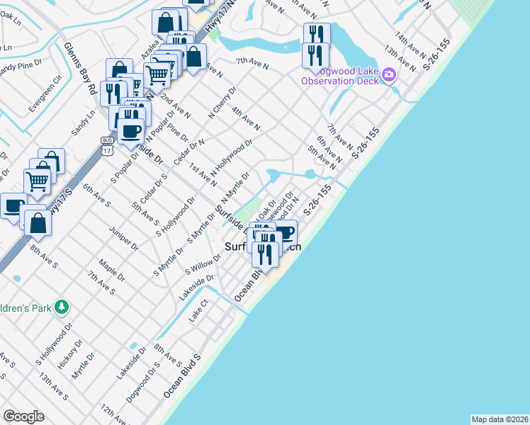 map of restaurants, bars, coffee shops, grocery stores, and more near 20 North Oak Drive in Surfside Beach