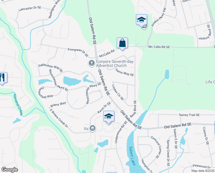 map of restaurants, bars, coffee shops, grocery stores, and more near 3226 Old Salem Road Southeast in Conyers