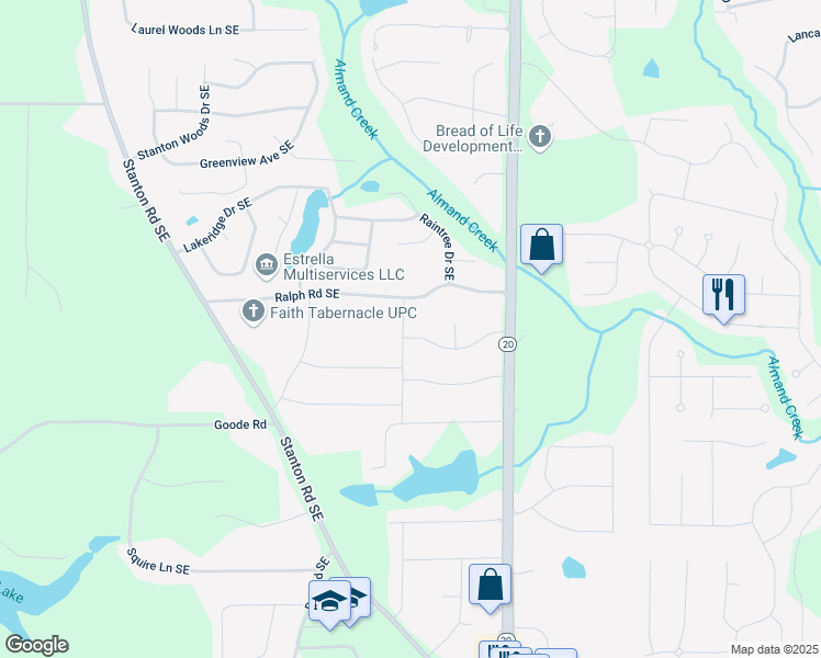 map of restaurants, bars, coffee shops, grocery stores, and more near 3090 Sunset Road Southeast in Conyers