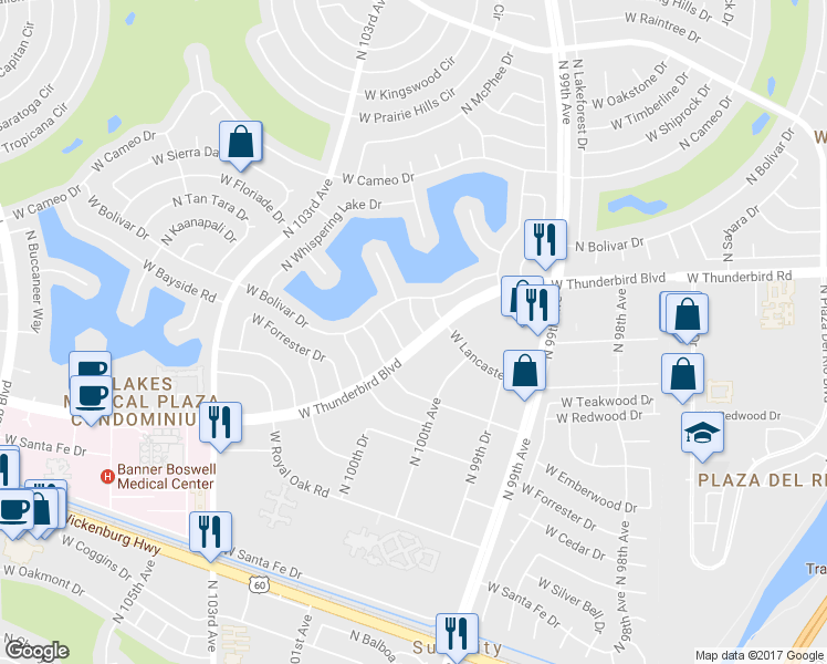 map of restaurants, bars, coffee shops, grocery stores, and more near 13602 North Teakwood Drive in Sun City