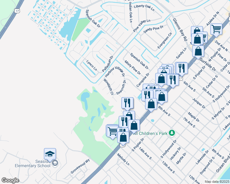 map of restaurants, bars, coffee shops, grocery stores, and more near 1500 Docksider Court in Myrtle Beach