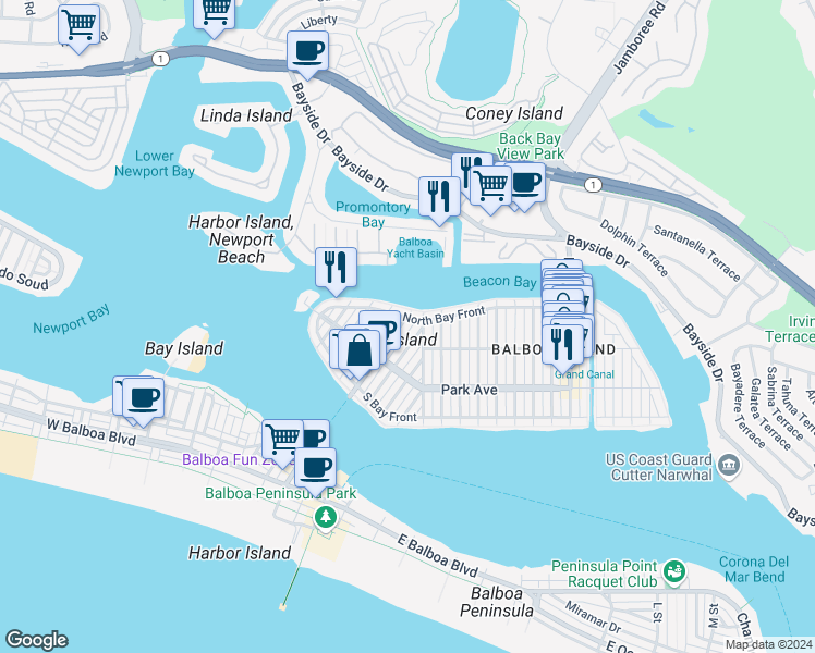 map of restaurants, bars, coffee shops, grocery stores, and more near 310 Collins Avenue in Newport Beach