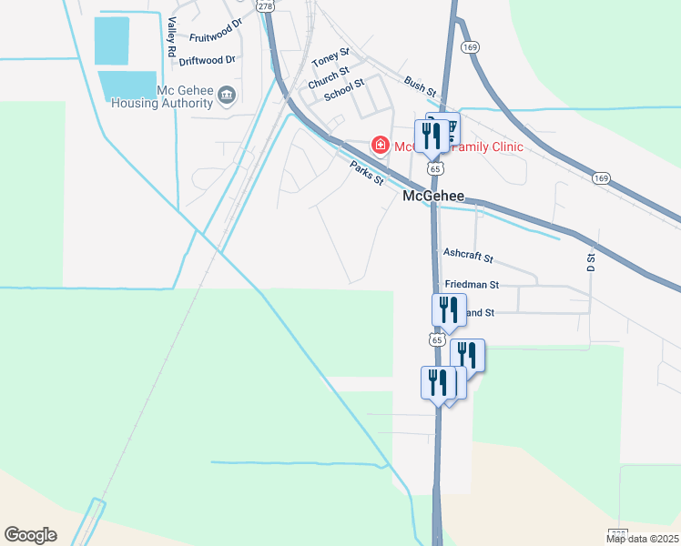 map of restaurants, bars, coffee shops, grocery stores, and more near 334 Ashley Street in McGehee