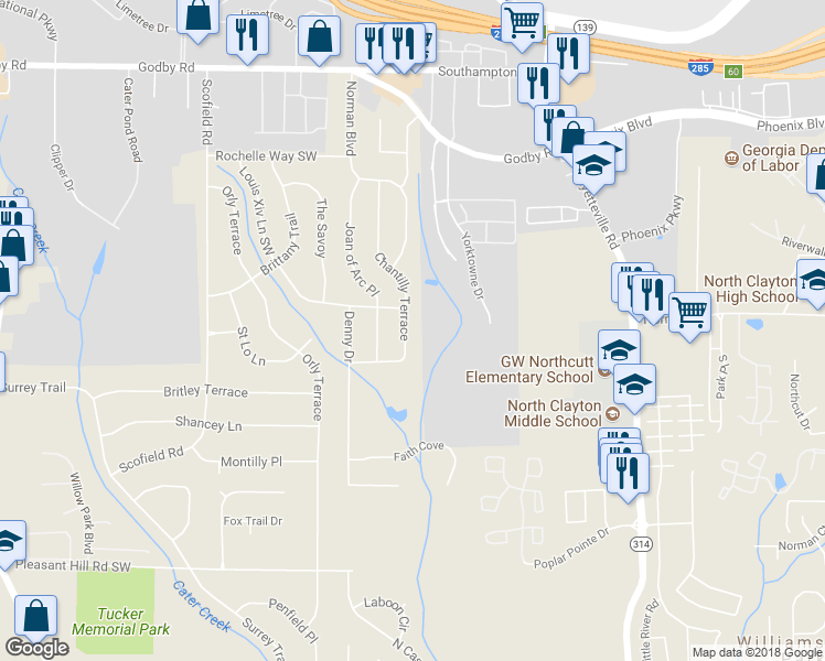 map of restaurants, bars, coffee shops, grocery stores, and more near 5330 Chantilly Terrace in Atlanta