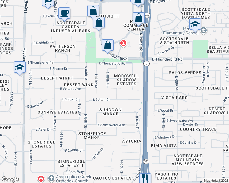 map of restaurants, bars, coffee shops, grocery stores, and more near 13440 North 86th Street in Scottsdale