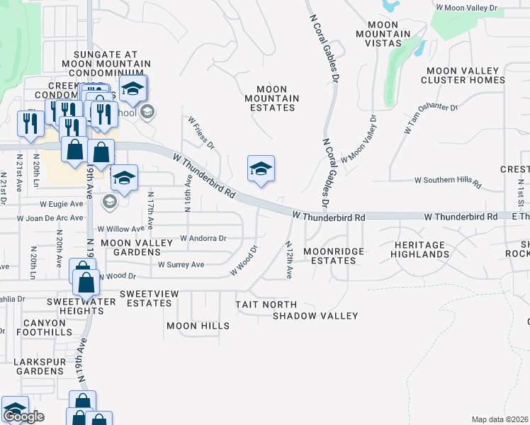 map of restaurants, bars, coffee shops, grocery stores, and more near 1338 West Joan De Arc Avenue in Phoenix