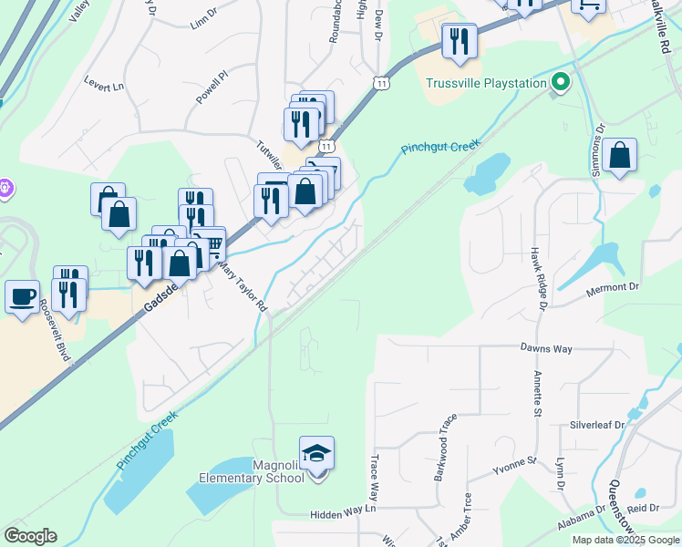 map of restaurants, bars, coffee shops, grocery stores, and more near 6076 Southern Industrial Drive in Birmingham