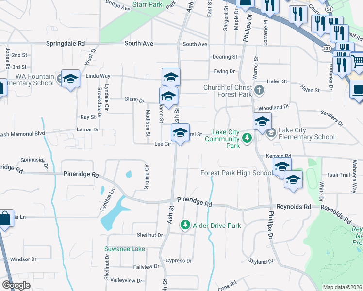 map of restaurants, bars, coffee shops, grocery stores, and more near 5370 Ash Street in Forest Park