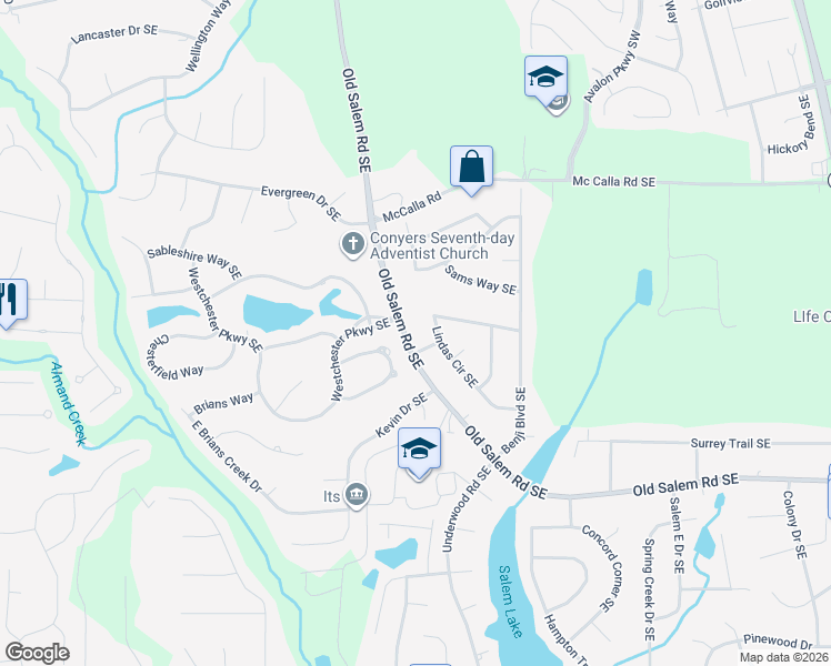 map of restaurants, bars, coffee shops, grocery stores, and more near 3226 Old Salem Road Southeast in Conyers