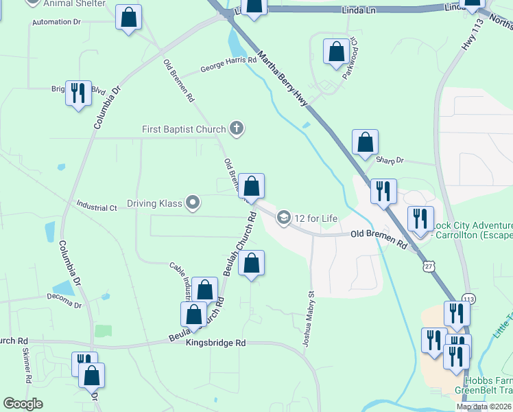 map of restaurants, bars, coffee shops, grocery stores, and more near 5 Beulah Church Road in Carrollton