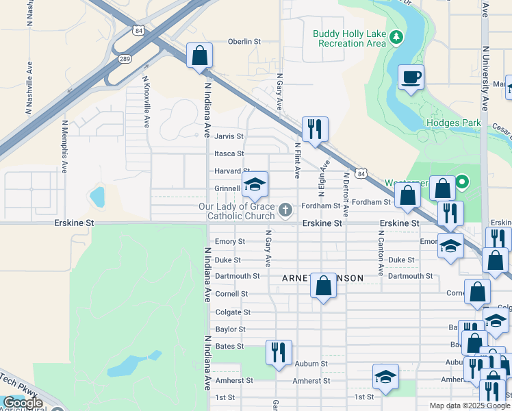 map of restaurants, bars, coffee shops, grocery stores, and more near 3202 Erskine Street in Lubbock