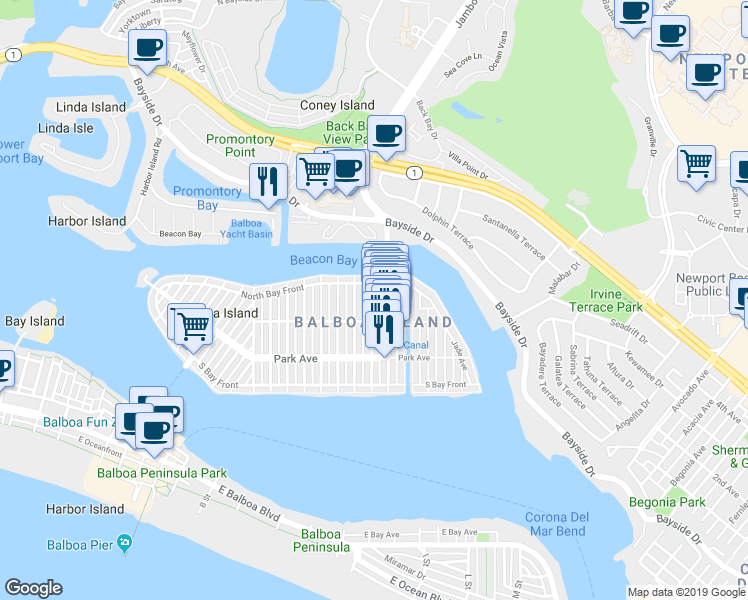 map of restaurants, bars, coffee shops, grocery stores, and more near 316 Onyx Avenue in Newport Beach