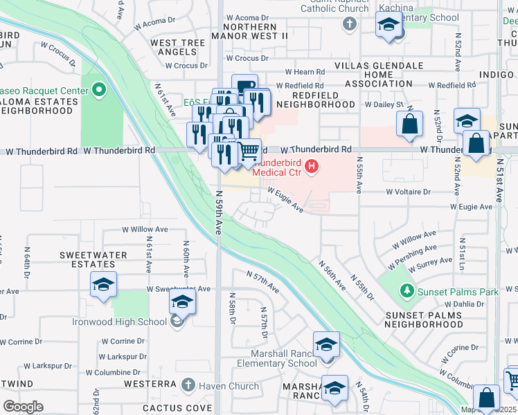 map of restaurants, bars, coffee shops, grocery stores, and more near 5757 West Eugie Avenue in Glendale