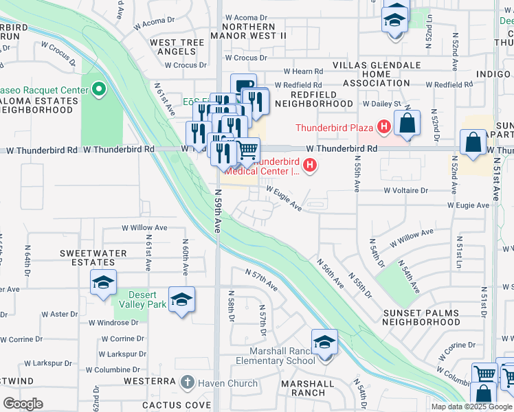 map of restaurants, bars, coffee shops, grocery stores, and more near 5757 West Eugie Avenue in Glendale