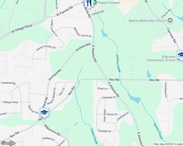 map of restaurants, bars, coffee shops, grocery stores, and more near 4599 Rex Road in Rex
