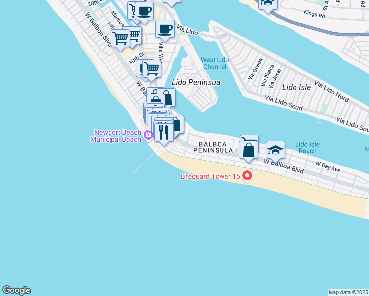 map of restaurants, bars, coffee shops, grocery stores, and more near 111 19th Street in Newport Beach