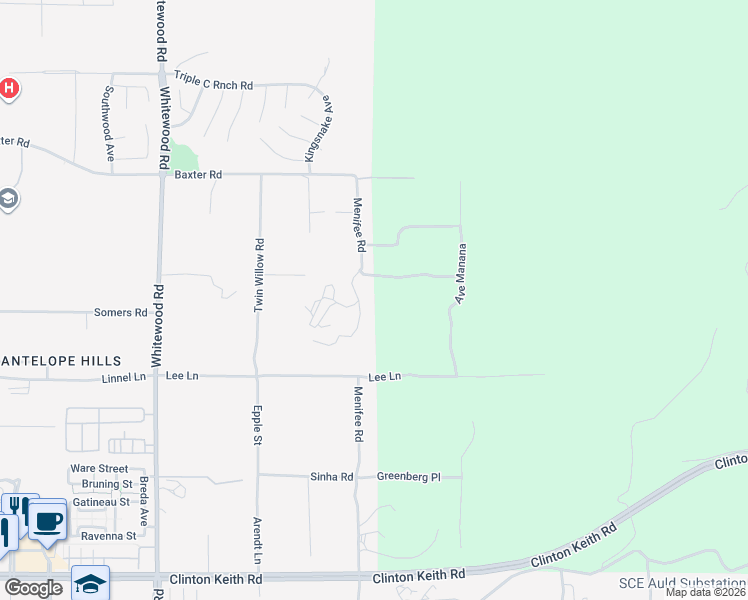 map of restaurants, bars, coffee shops, grocery stores, and more near Menifee Road in Murrieta