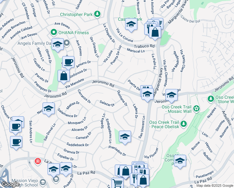 map of restaurants, bars, coffee shops, grocery stores, and more near 24451 Quintana Drive in Mission Viejo