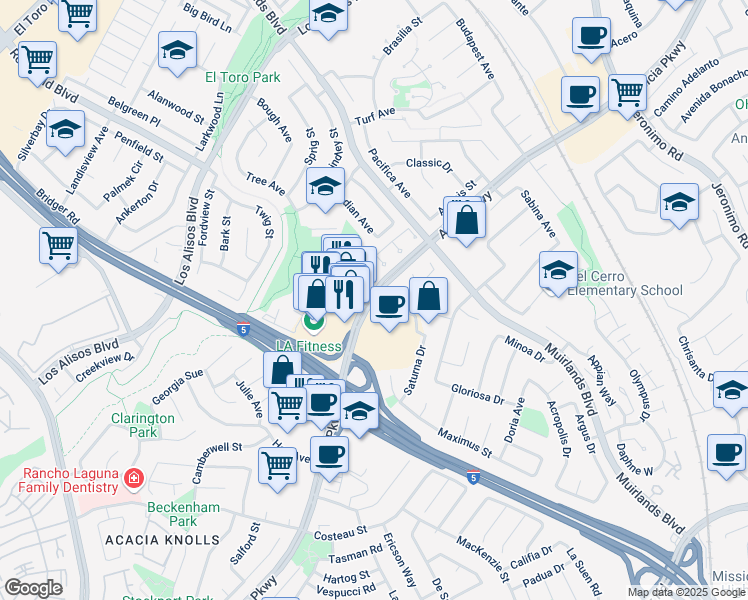 map of restaurants, bars, coffee shops, grocery stores, and more near Alicia Pkwy & Charlinda Dr in Mission Viejo