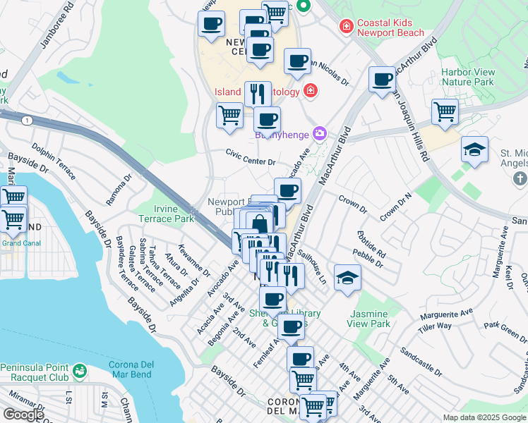 map of restaurants, bars, coffee shops, grocery stores, and more near 800-984 Avocado Avenue in Newport Beach