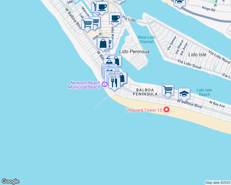 map of restaurants, bars, coffee shops, grocery stores, and more near 2010 West Oceanfront in Newport Beach