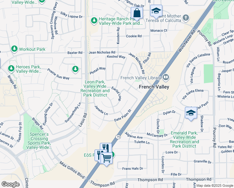 map of restaurants, bars, coffee shops, grocery stores, and more near 31253 Euclid Loop in Winchester