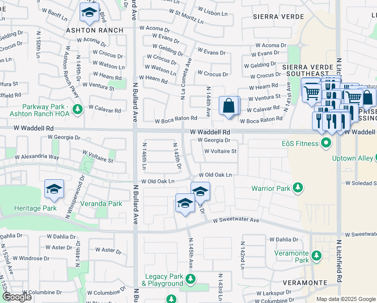 map of restaurants, bars, coffee shops, grocery stores, and more near 13453 North 145th Drive in Surprise