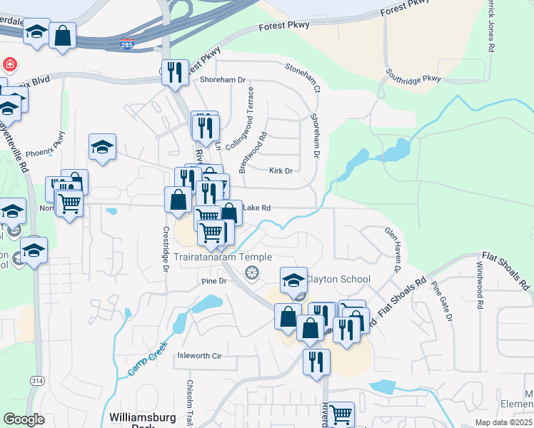 map of restaurants, bars, coffee shops, grocery stores, and more near 1312 Crystal Lake Road in Atlanta