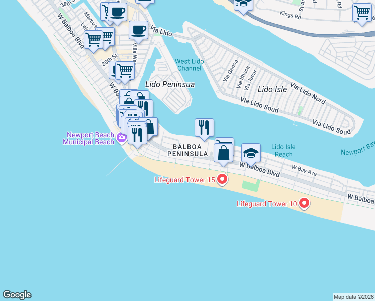 map of restaurants, bars, coffee shops, grocery stores, and more near in Newport Beach