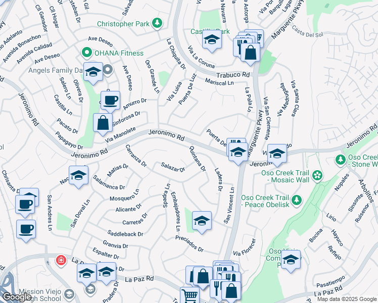 map of restaurants, bars, coffee shops, grocery stores, and more near 24461 Quintana Drive in Mission Viejo