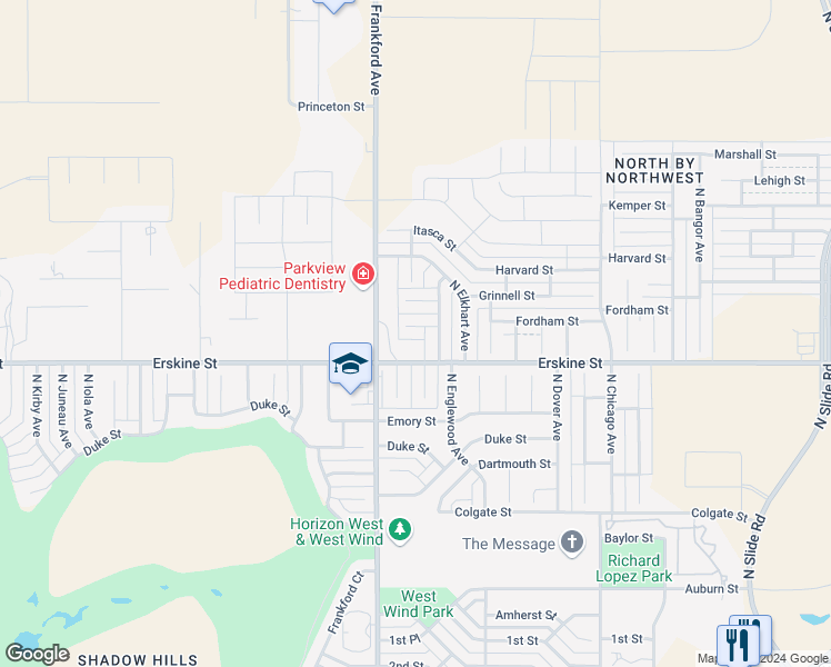 map of restaurants, bars, coffee shops, grocery stores, and more near 5709 Fordham Street in Lubbock