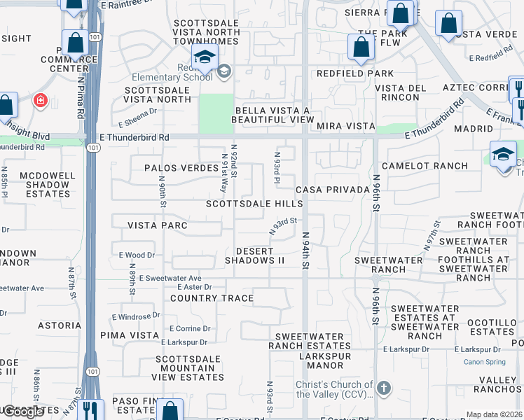 map of restaurants, bars, coffee shops, grocery stores, and more near 13344 North 93rd Place in Scottsdale