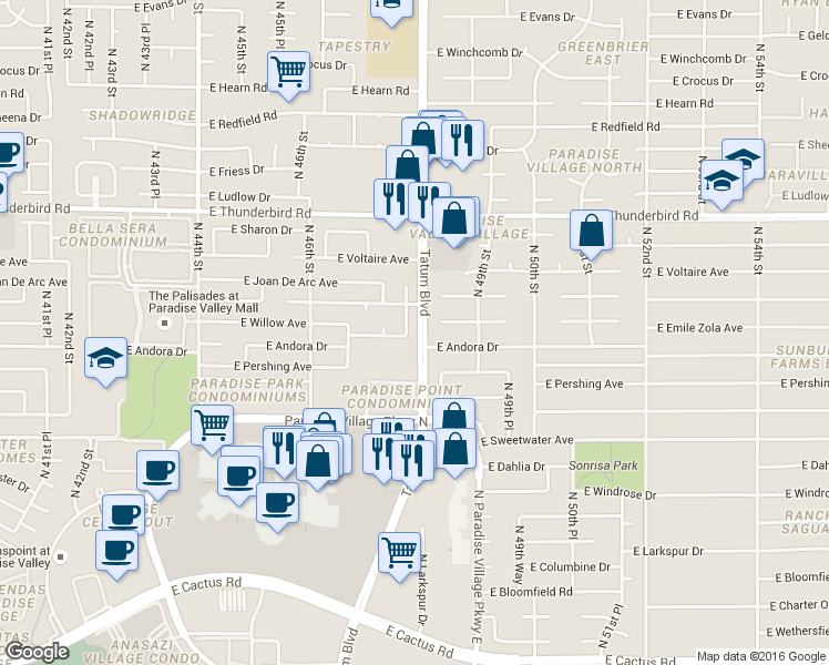 map of restaurants, bars, coffee shops, grocery stores, and more near 4731 East Willow Avenue in Phoenix