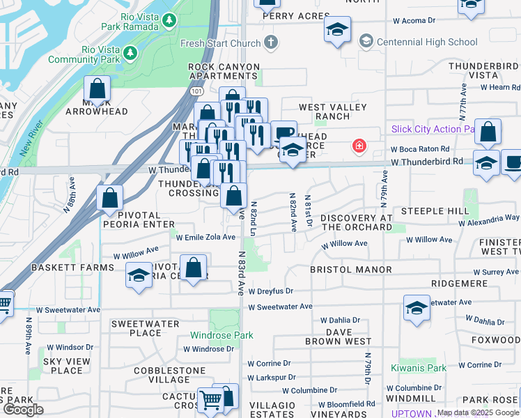 map of restaurants, bars, coffee shops, grocery stores, and more near 8245 West Rue De Lamour in Peoria
