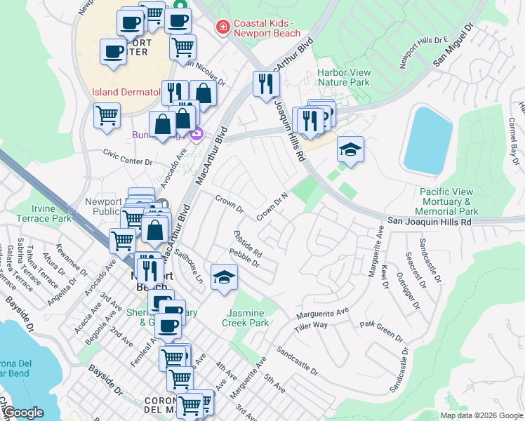 map of restaurants, bars, coffee shops, grocery stores, and more near 1200 Sandpoint Way in Newport Beach
