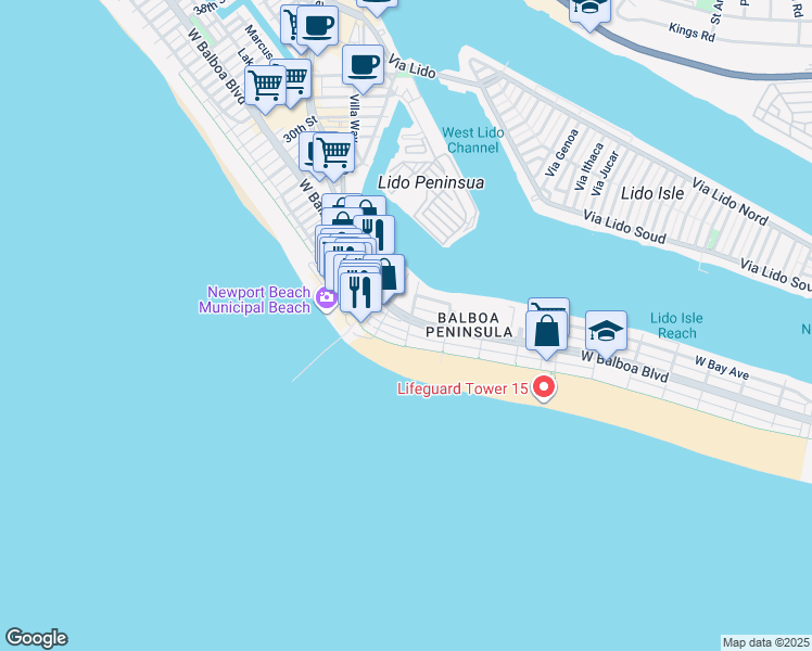 map of restaurants, bars, coffee shops, grocery stores, and more near 1909 Court Street in Newport Beach