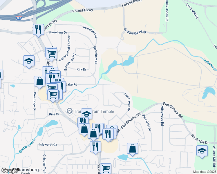 map of restaurants, bars, coffee shops, grocery stores, and more near 1158 Crystal Lake Road in Atlanta