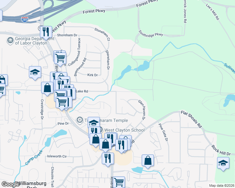 map of restaurants, bars, coffee shops, grocery stores, and more near 1176 Crystal Lake Road in Atlanta