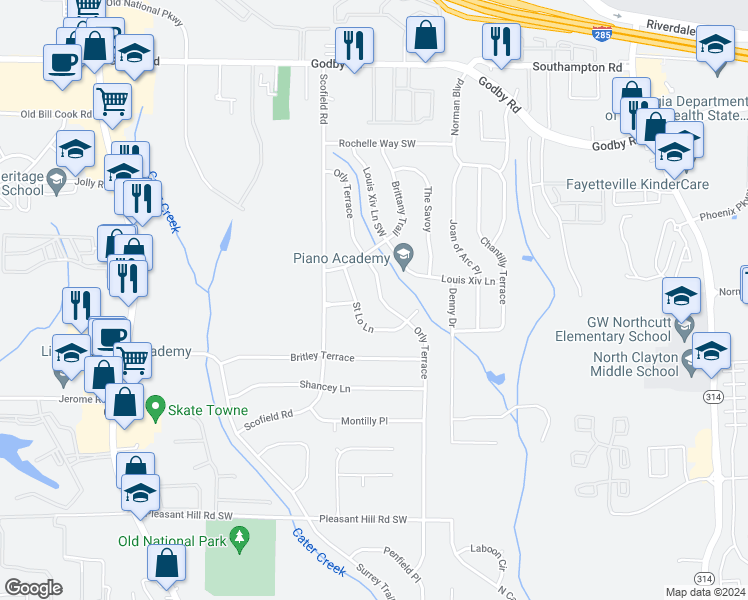 map of restaurants, bars, coffee shops, grocery stores, and more near 5415 Orly Terrace in Atlanta
