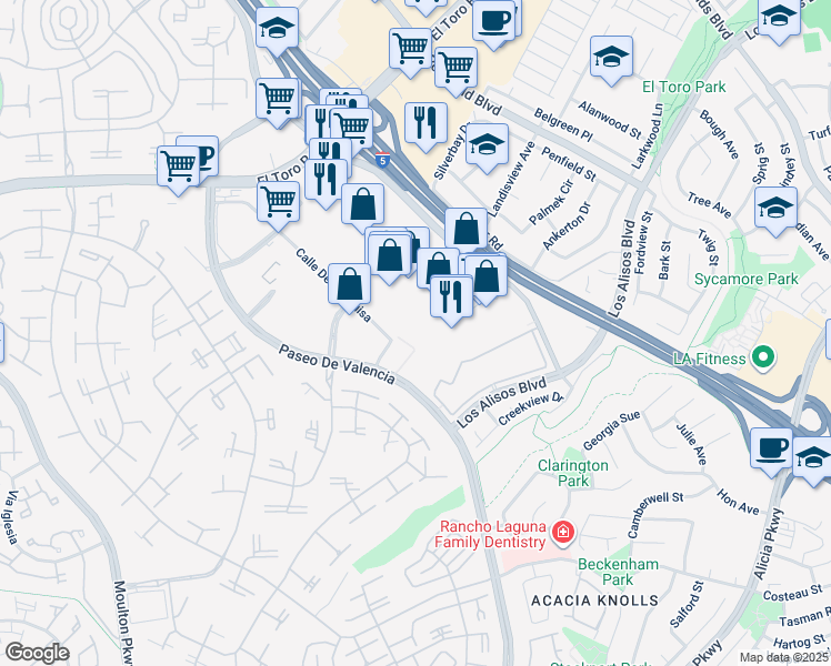map of restaurants, bars, coffee shops, grocery stores, and more near 25182 Laguna Hills Mall in Laguna Hills