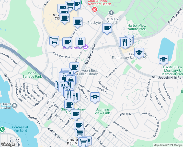 map of restaurants, bars, coffee shops, grocery stores, and more near 1115 Goldenrod Avenue in Newport Beach