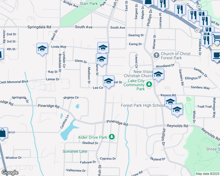 map of restaurants, bars, coffee shops, grocery stores, and more near 5370 Ash Street in Forest Park